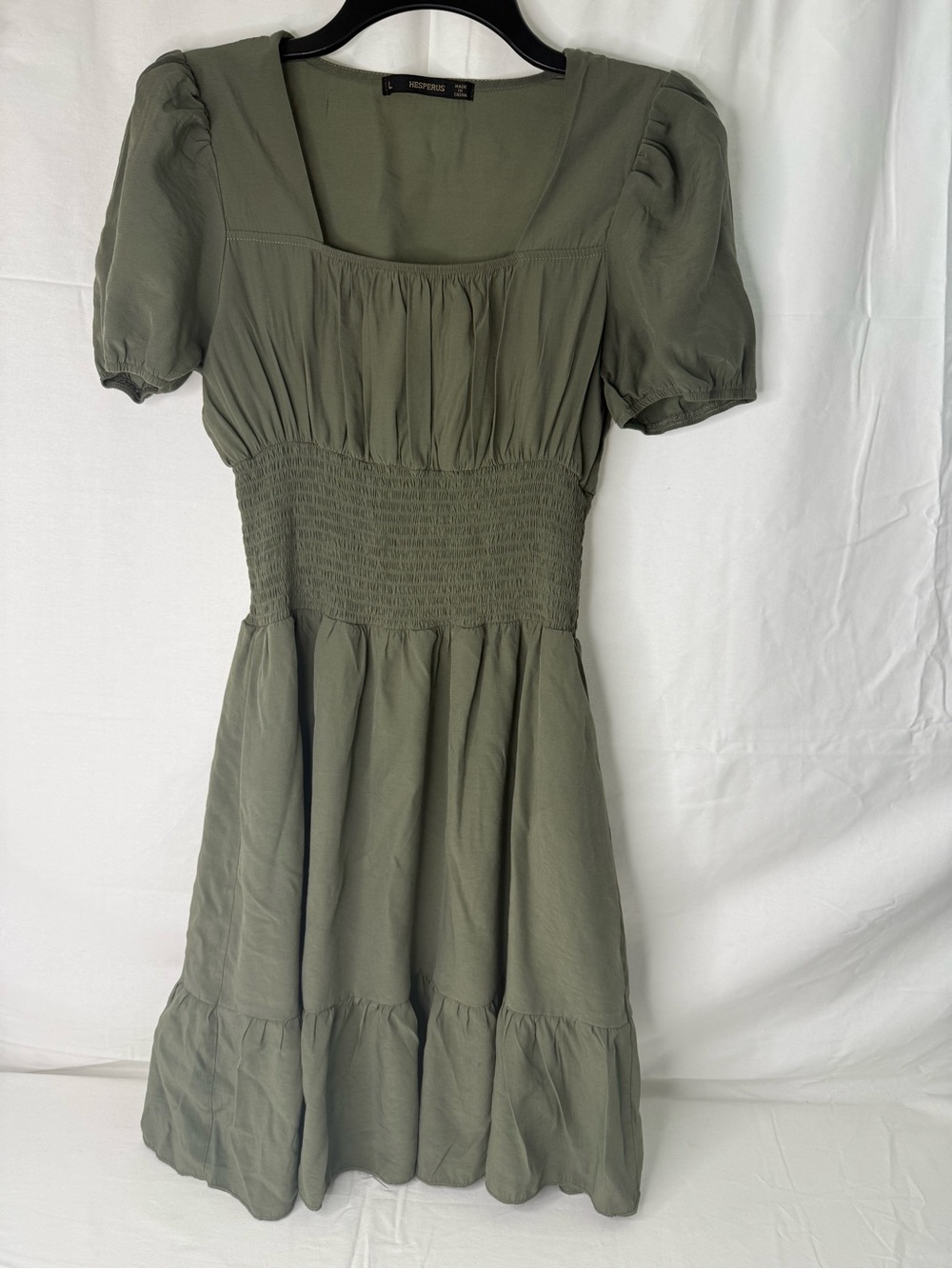 Hesperus Green Smocked Puff Sleeve Knee Length A-Line Dress Size L